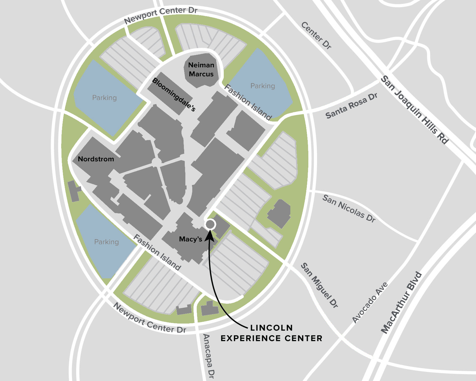 A map of the Lincoln Experience Center’s location within Fashion Island in Newport Beach, California.