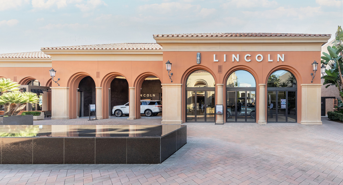 The exterior of the Lincoln Experience Center at Fashion Island in Newport Beach, California.