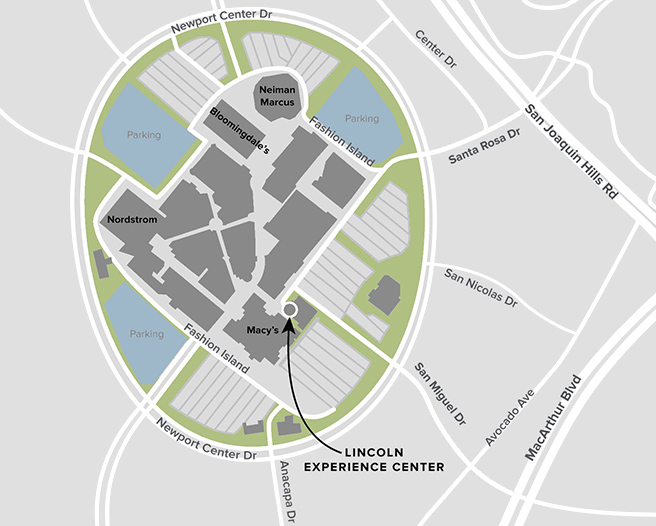 A map of the Lincoln Experience Center’s location within Fashion Island in Newport Beach, California.