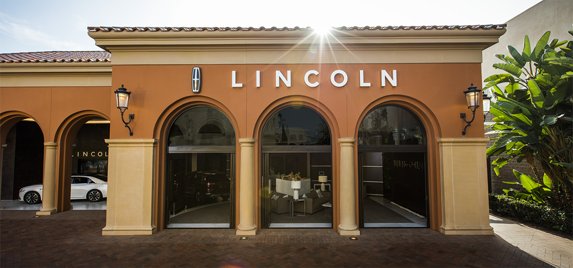 Exterior of the Lincoln Experience Center at Fashion Island in Newport Beach, California.